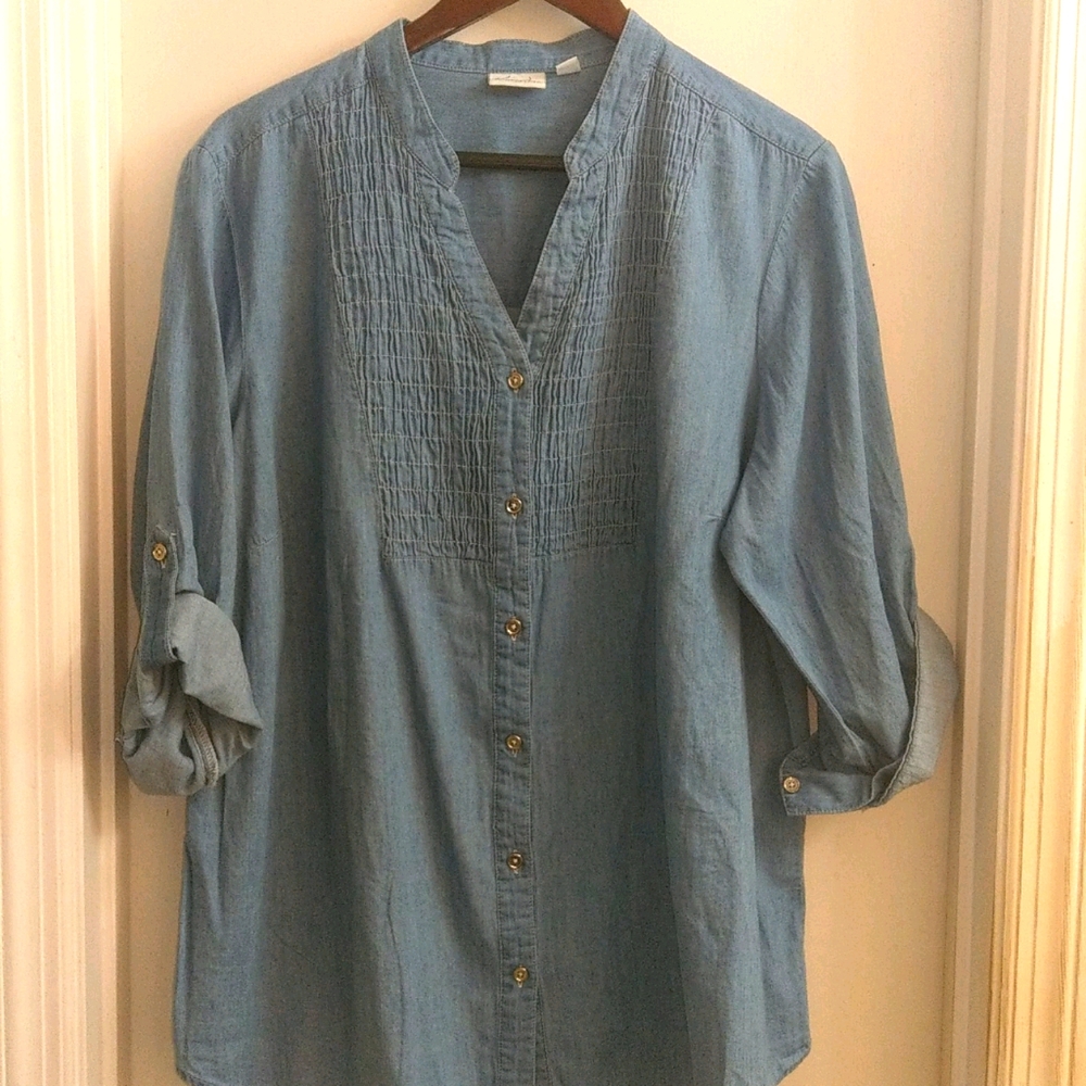Chambray Bib Front Roll Tab Shirt